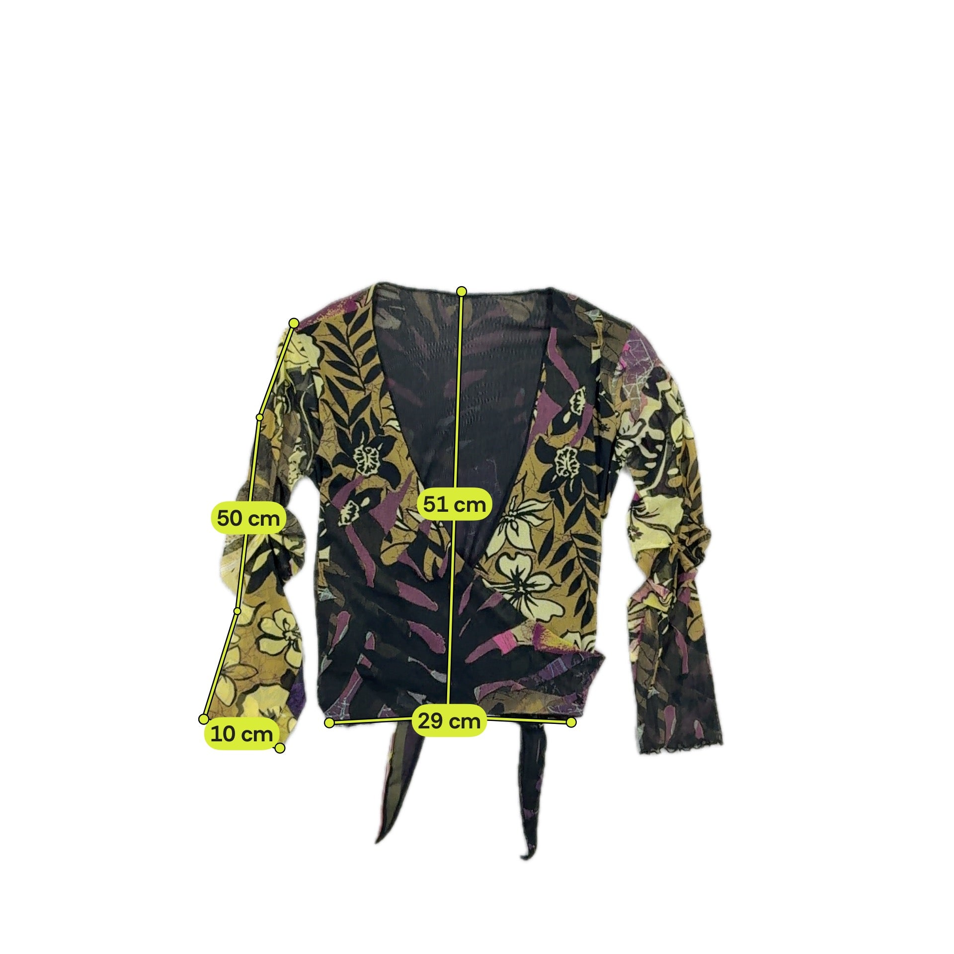 Blusa Cruzada Transparente roxa em Rede com estampado floral abstrato e Cintura de Atar