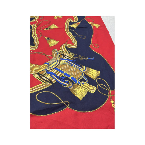 Vintage Equestrian Print Square Scarf Red Navy Gold