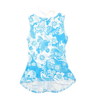 Blue White Floral Halter Mini Dress with Sequin Lace Applique