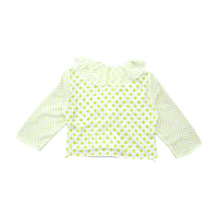 White & Lime Green Polka Dot Tie-Front Ruffle Collar Blouse