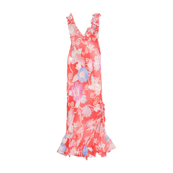 Vintage Y2K Sheer Ruffled Watercolor Floral Chiffon V-Neck Maxi Dress