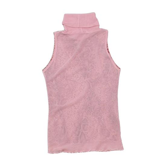 Vintage Pink Sheer Mesh Embellished Turtleneck Tank Top