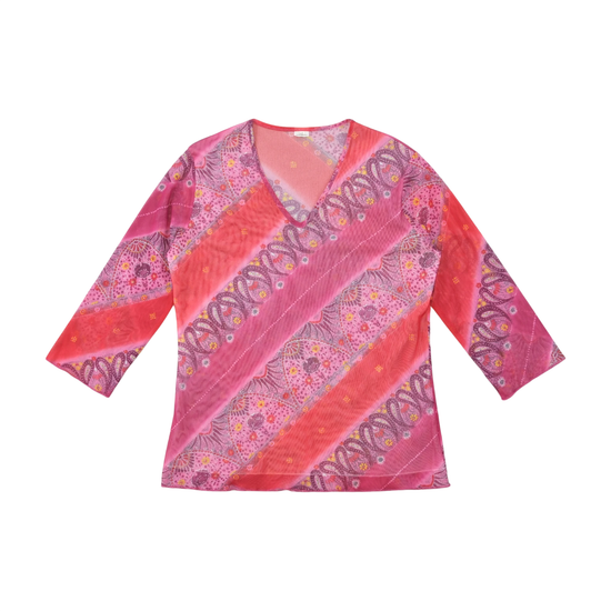 Top em Rede rosa de Manga 3/4 com decote em V e estampado Paisley