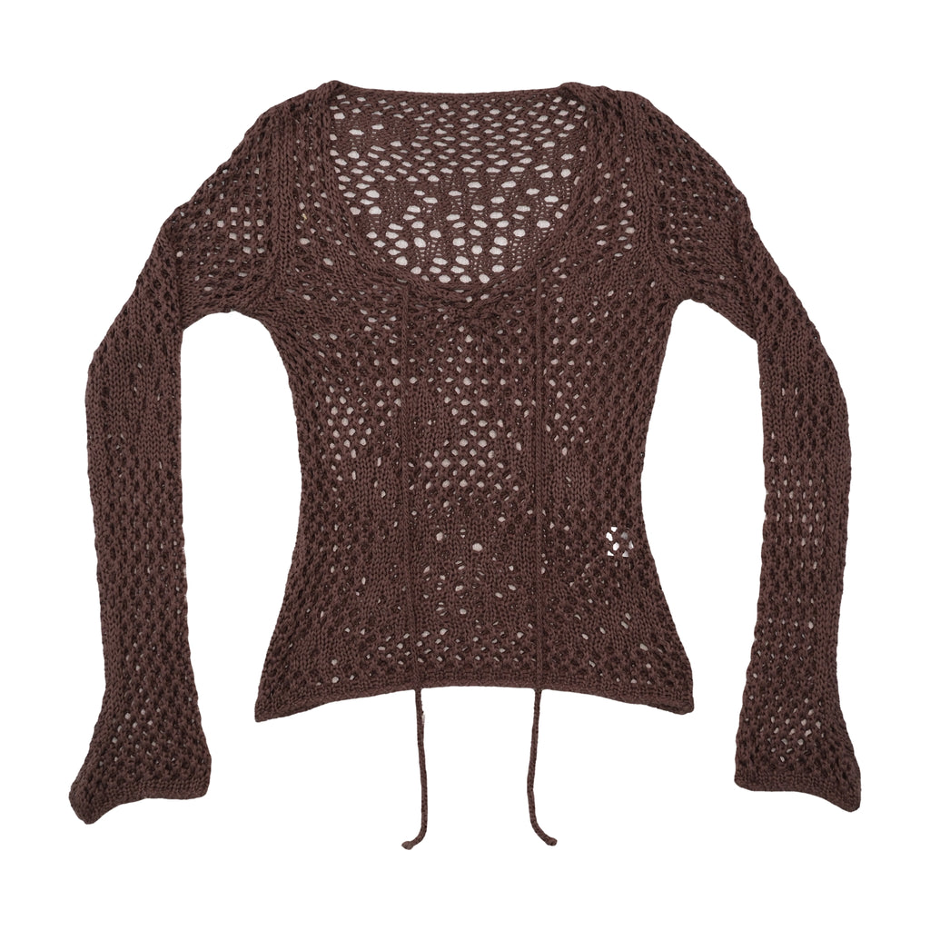 Brown Crochet Knit V-Neck Sweater