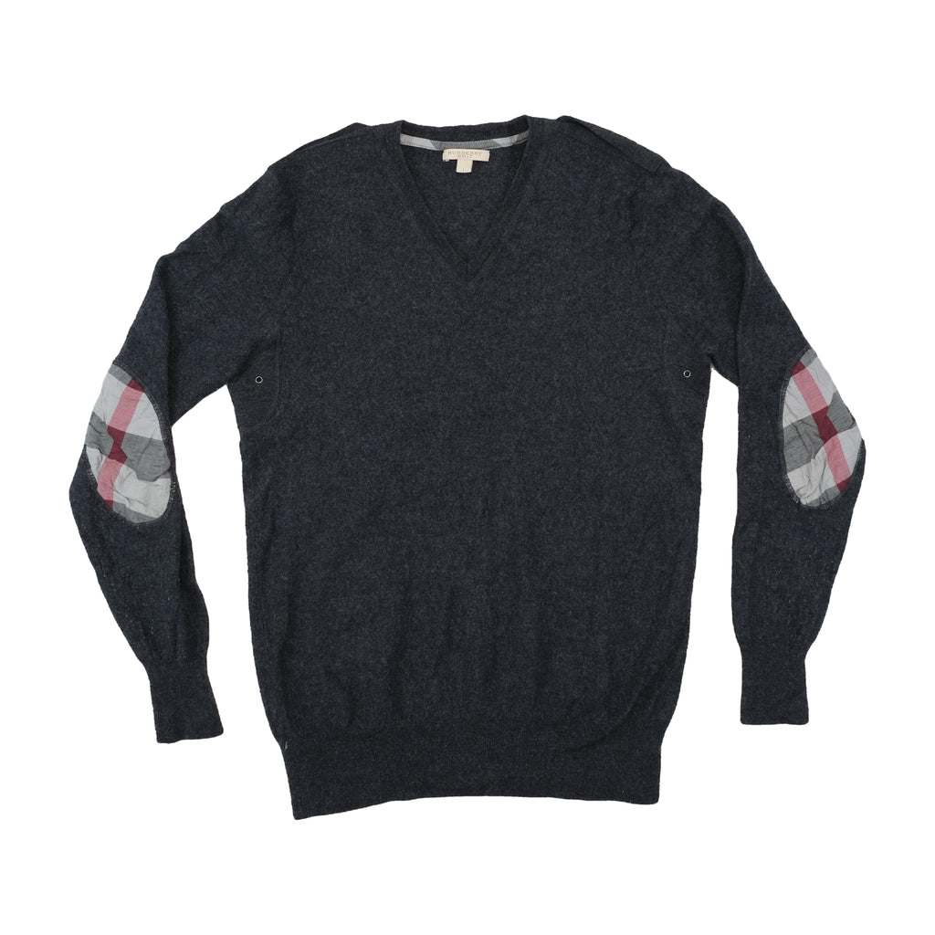 Burberry Wool V-Neck Sweater with Check Elbow Patches