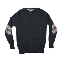 Burberry Wool V-Neck Sweater with Check Elbow Patches