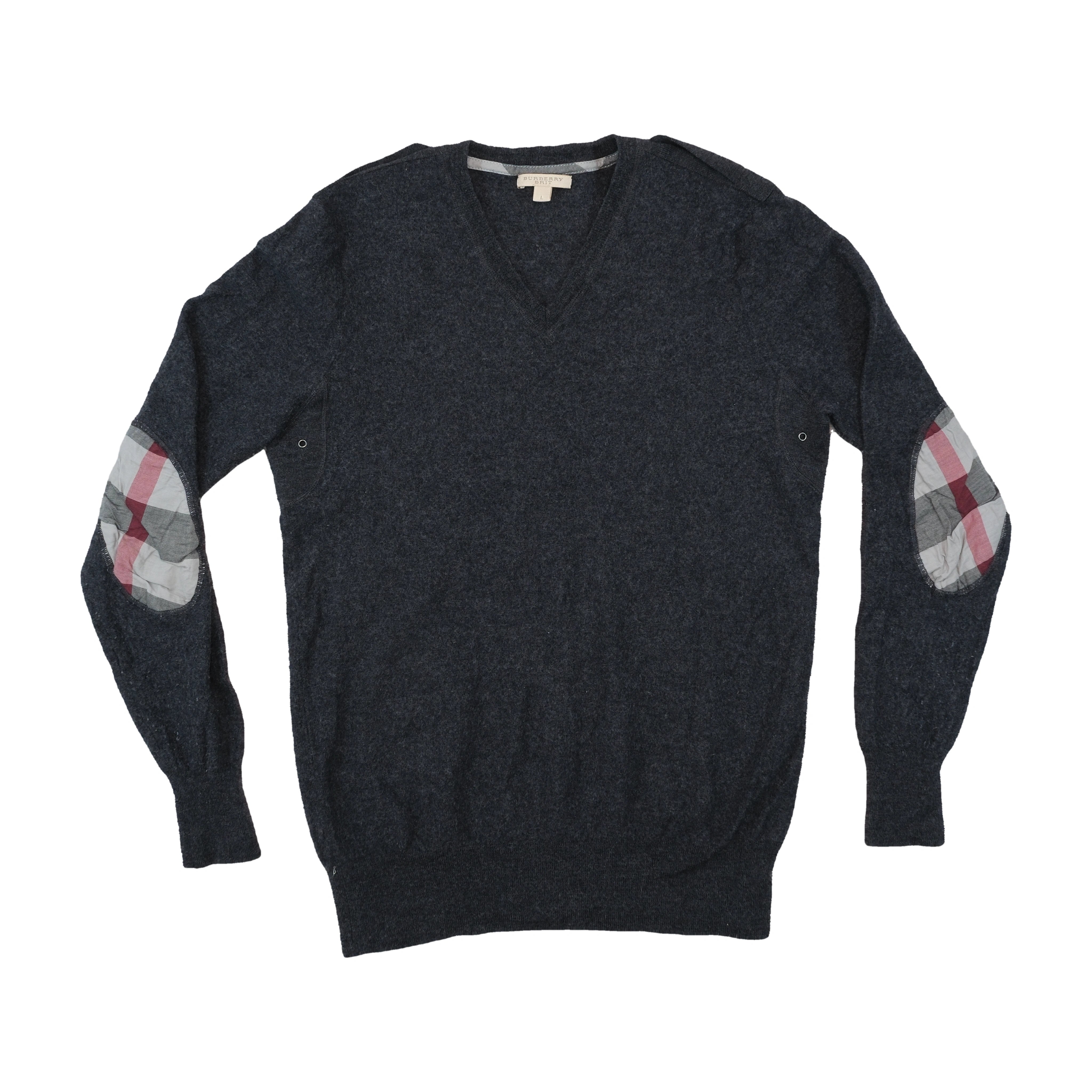 Burberry Wool V-Neck Sweater with Check Elbow Patches