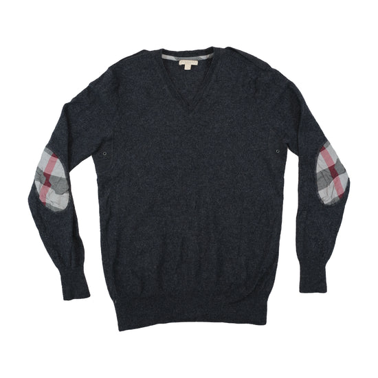 Burberry Wool V-Neck Sweater with Check Elbow Patches