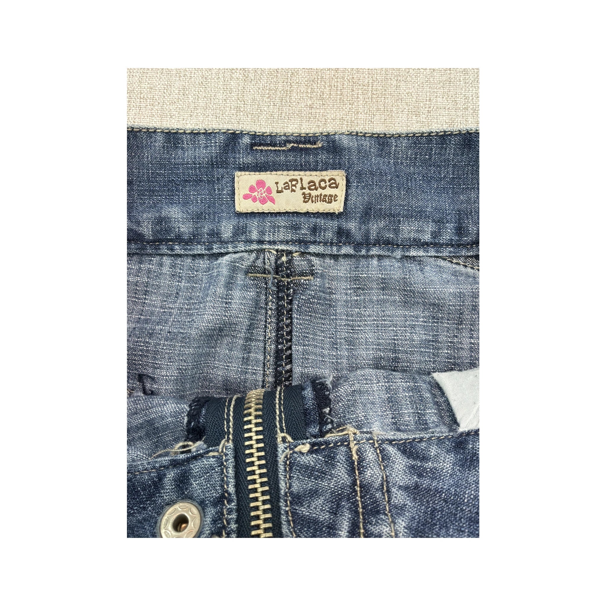Mini saia La Flaca vintage em ganga de algodão com Detalhe de Fecho