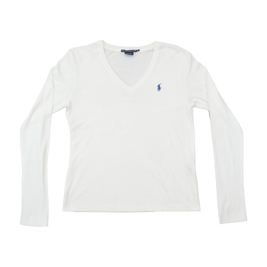 Ralph Lauren Sport White Long Sleeve V-Neck Cotton T-Shirt
