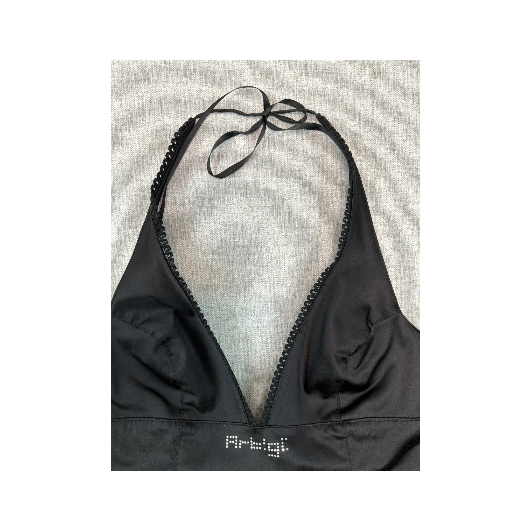 Fifi &amp; Brandi Rhinestone Logo Lace Trim Halter Dress