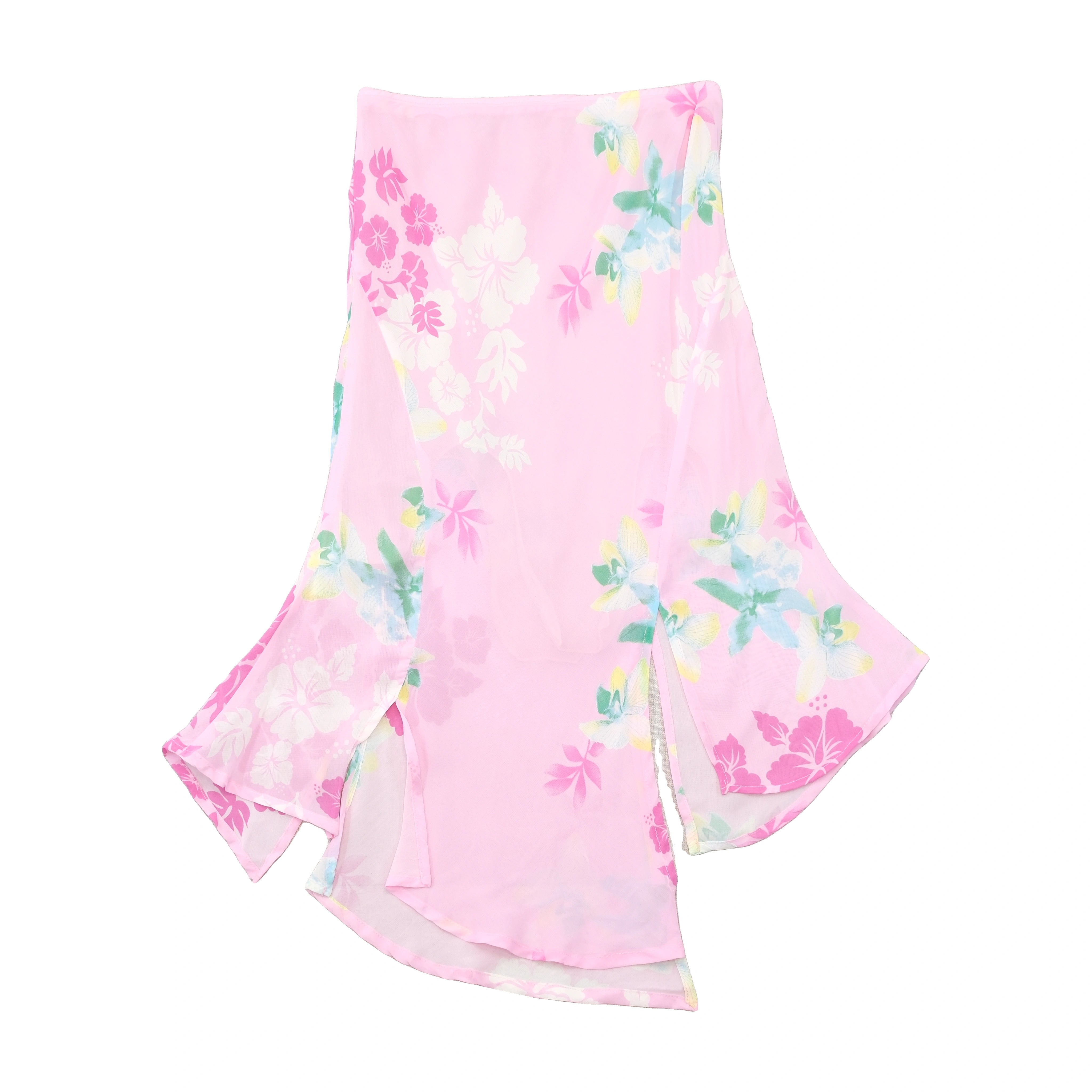 Saia vintage rosa com estampado floral Tropical e Bainha Lenço