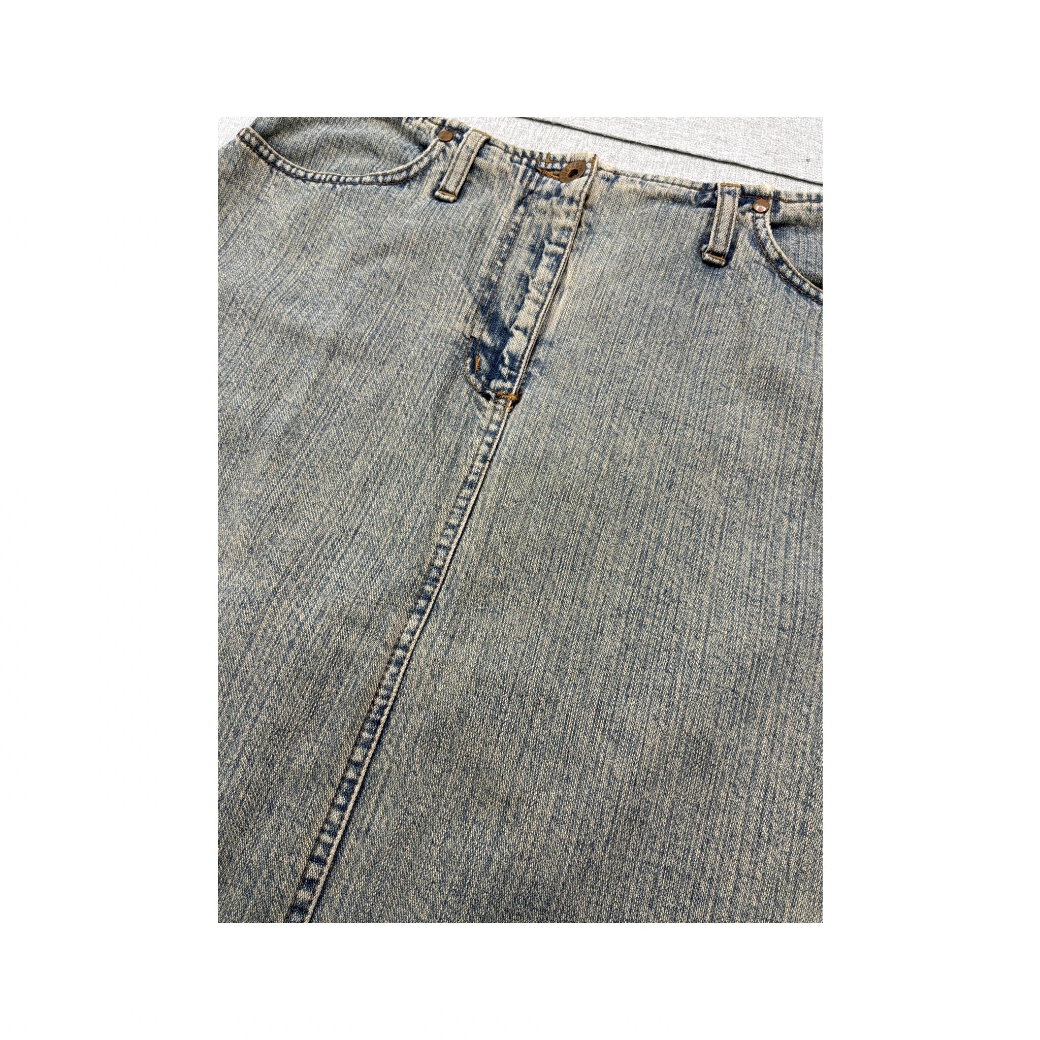 Kookai Light Wash Denim Midi Skirt with Raw Frayed Hem