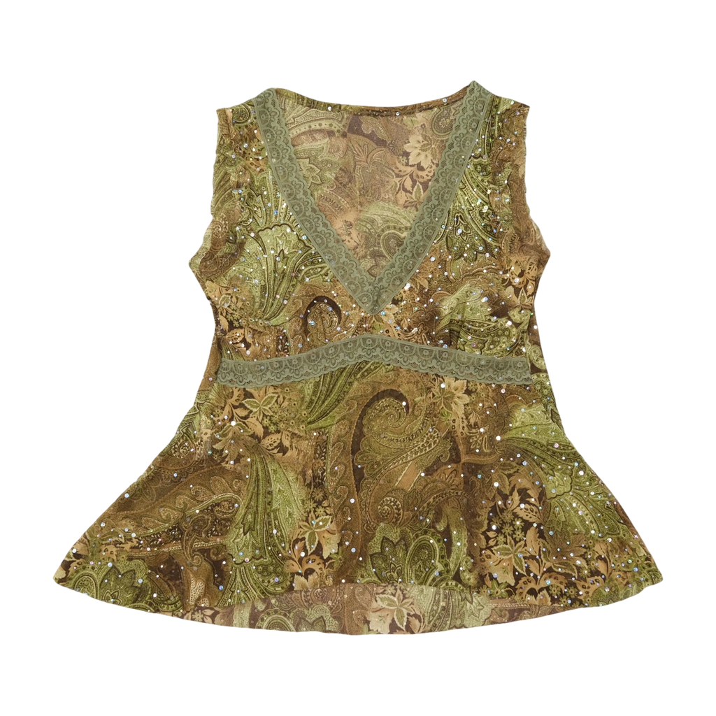 Italian Paisley Sequin V-Neck Sleeveless Peplum Top