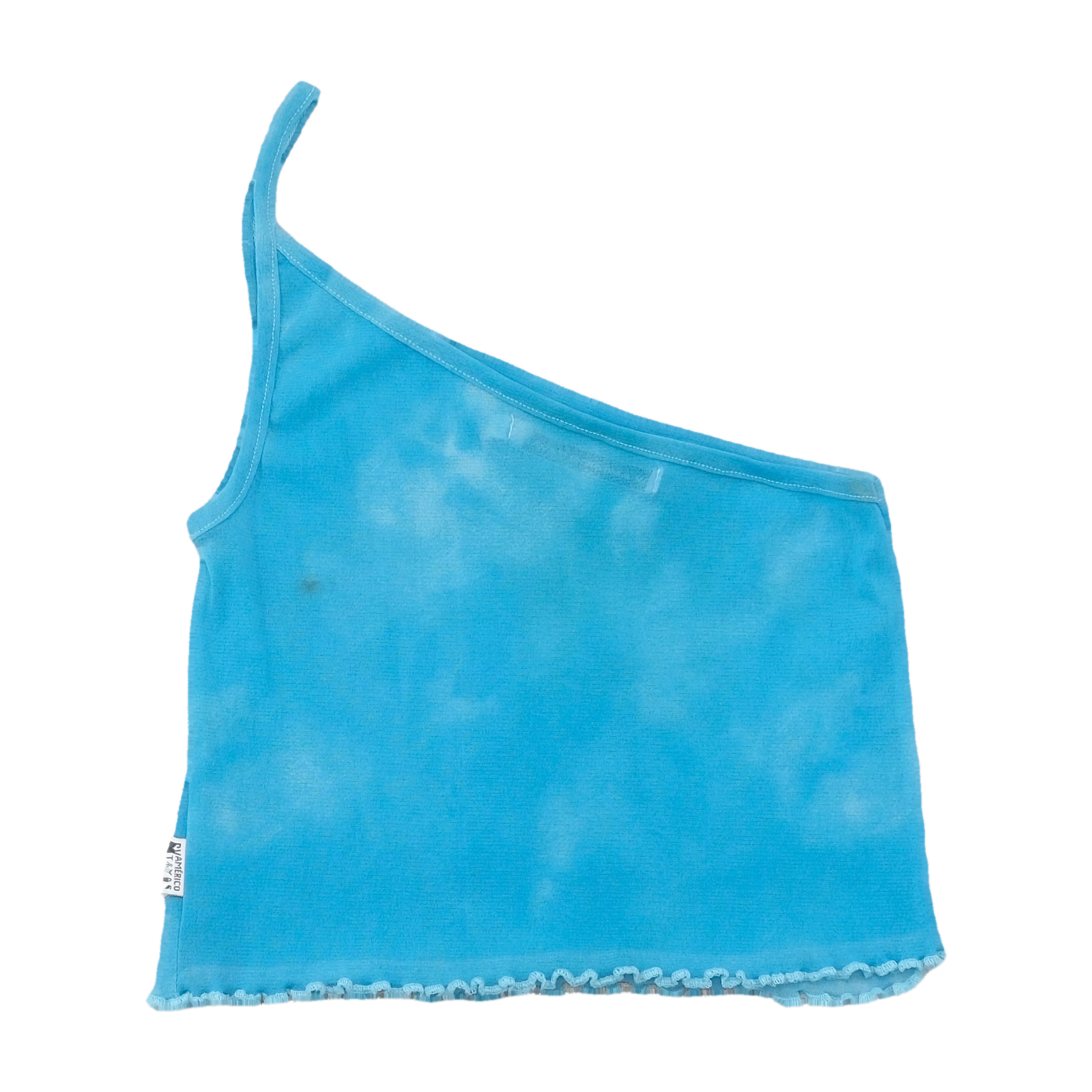 Americo Tavar Blue One Shoulder Lettuce Hem Tank Top