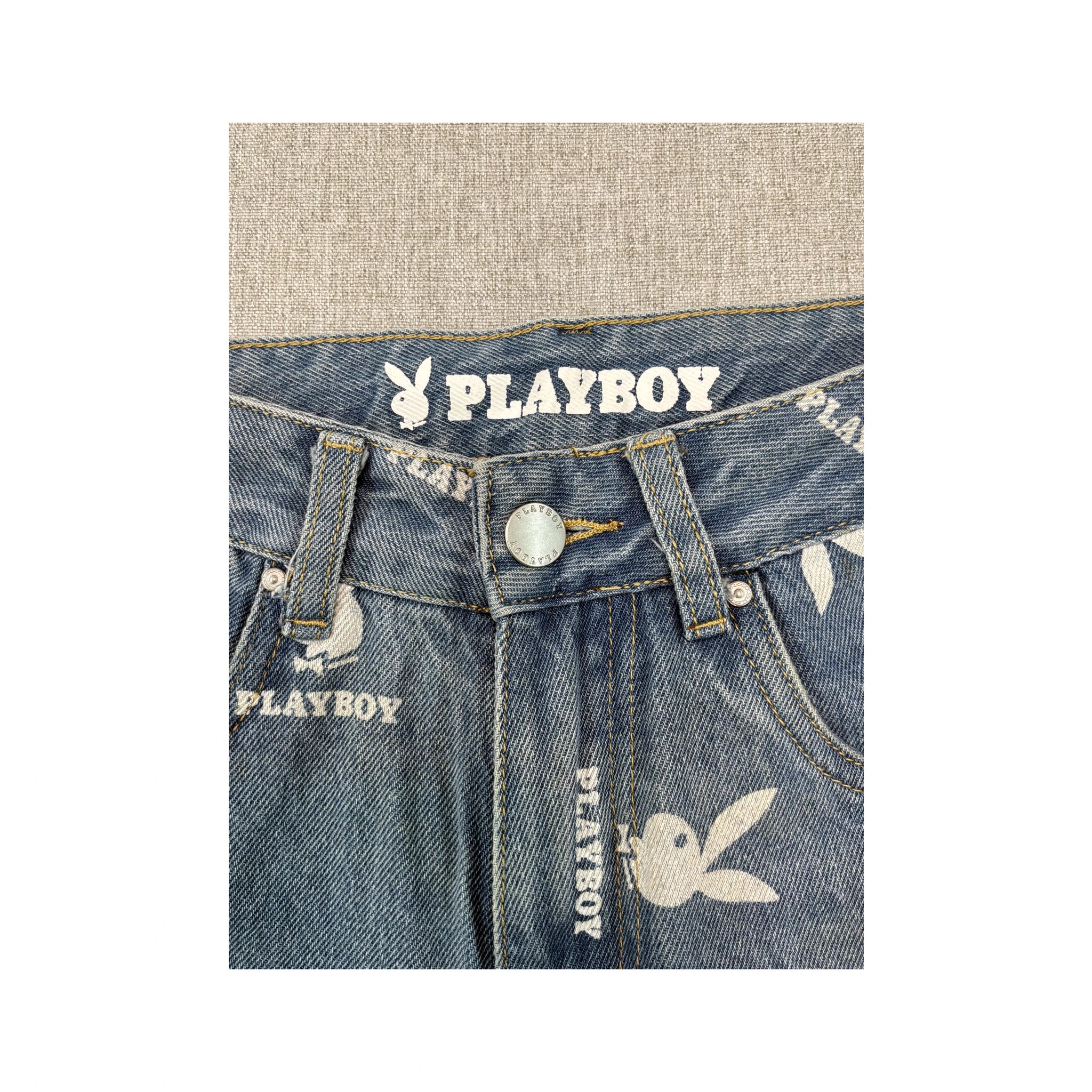 Playboy Allover Bunny Logo Print Wide Leg Denim Jeans