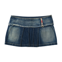 Mini saia Plissada Phard Basic Jeans em ganga de algodão de Cintura Descida com Bainha Desfiada
