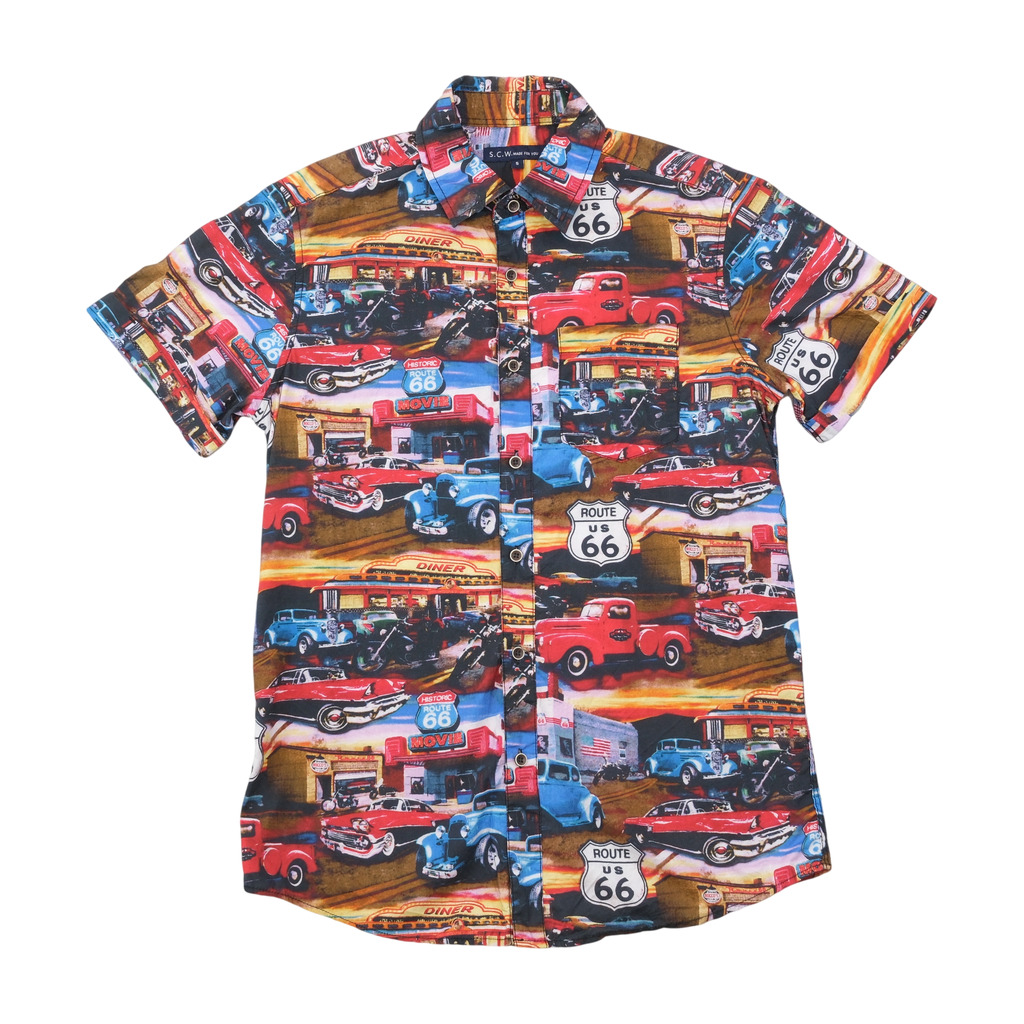 S.C.W. Made For You Route 66 Classic Car Print Cotton Button Up Shirt