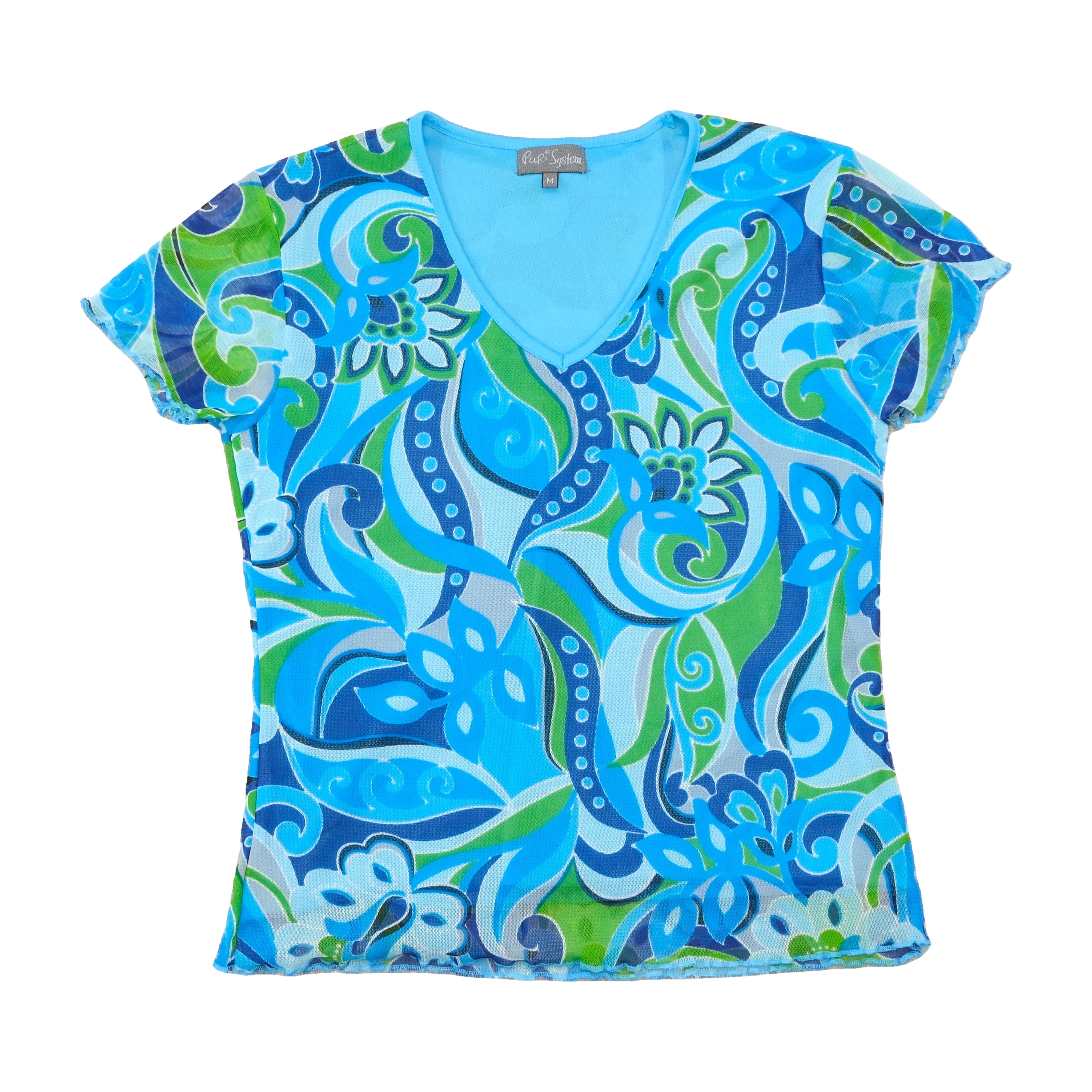 Pure System Blue Green Psychedelic Floral Mesh Blouse