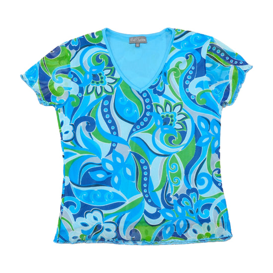 Blusa Pure System em Rede azul e verde com estampado floral Psicadélico