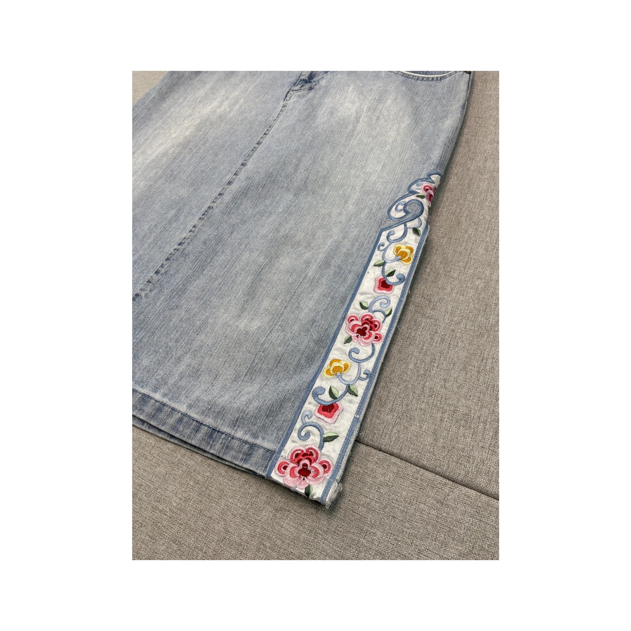 Emmanuel Schvili Embroidered Side Panel Light Wash Denim Skirt