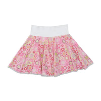 Retro Floral Print Cotton Circle Skirt with Contrast Elastic Waistband and Lace Trim