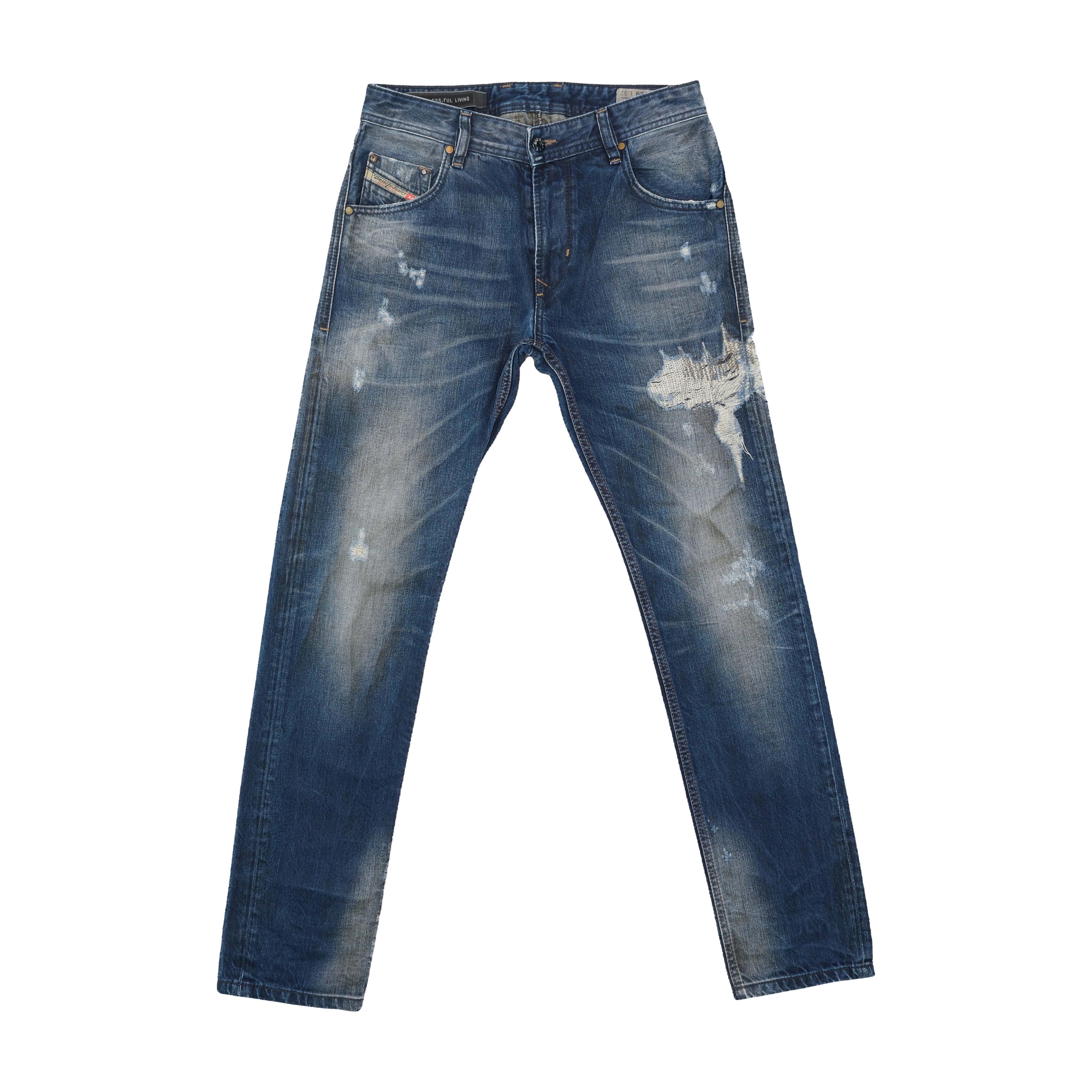 Diesel Distressed Repaired Washed Blue Cotton Denim Jeans