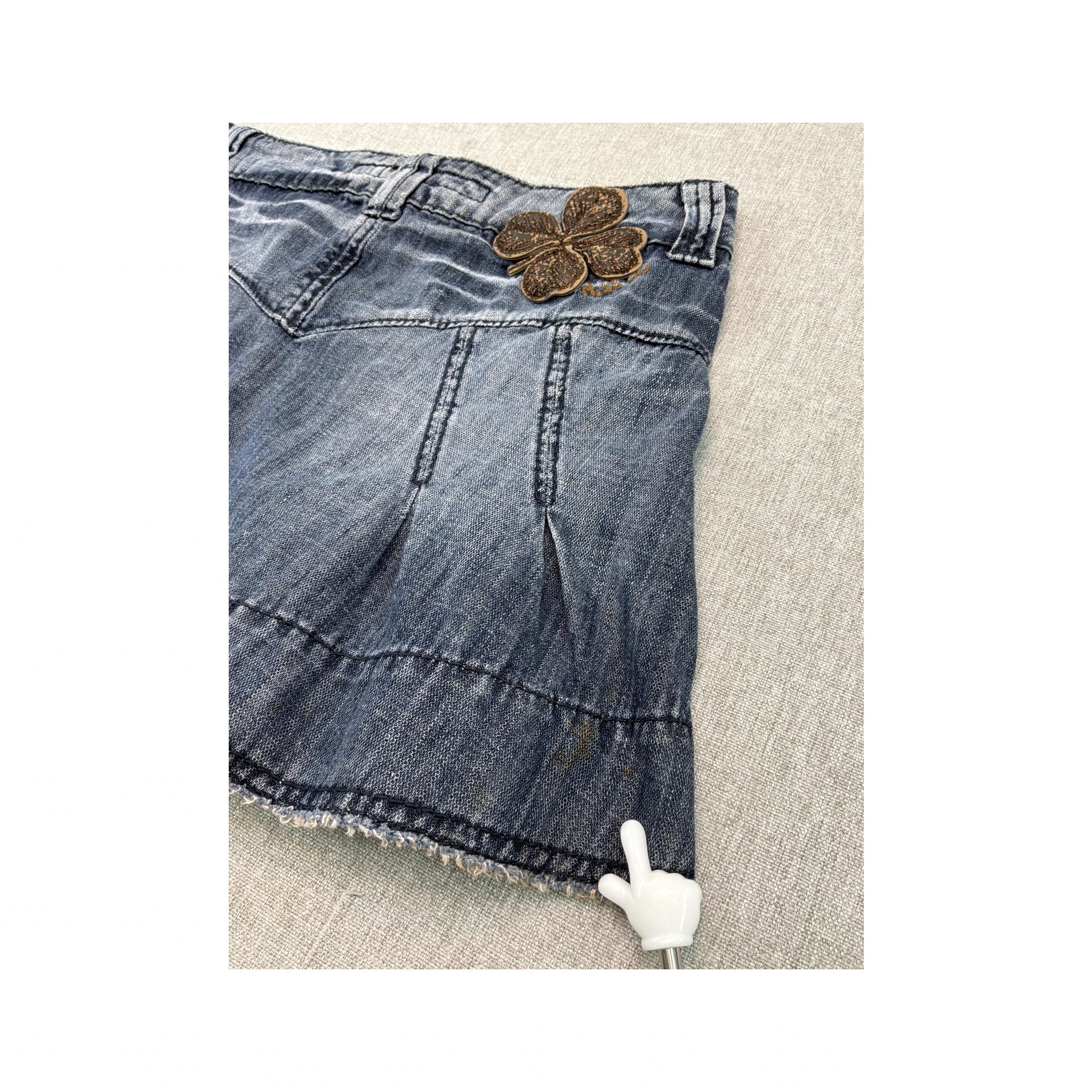 Miss Sixty Denim Mini Skirt with Flap Pockets and Clover Appliqué