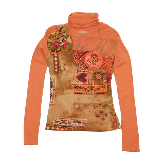 Top Y2K Transparente laranja em Rede com gola alta e Patchwork floral