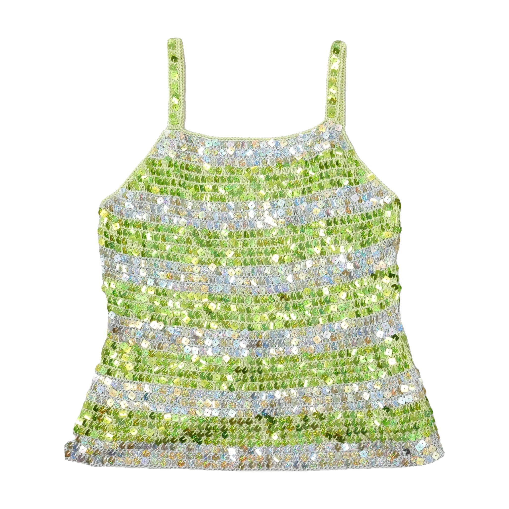 Sequin-Embellished Green & Silver Crochet Cotton Blend Camisole Shirt