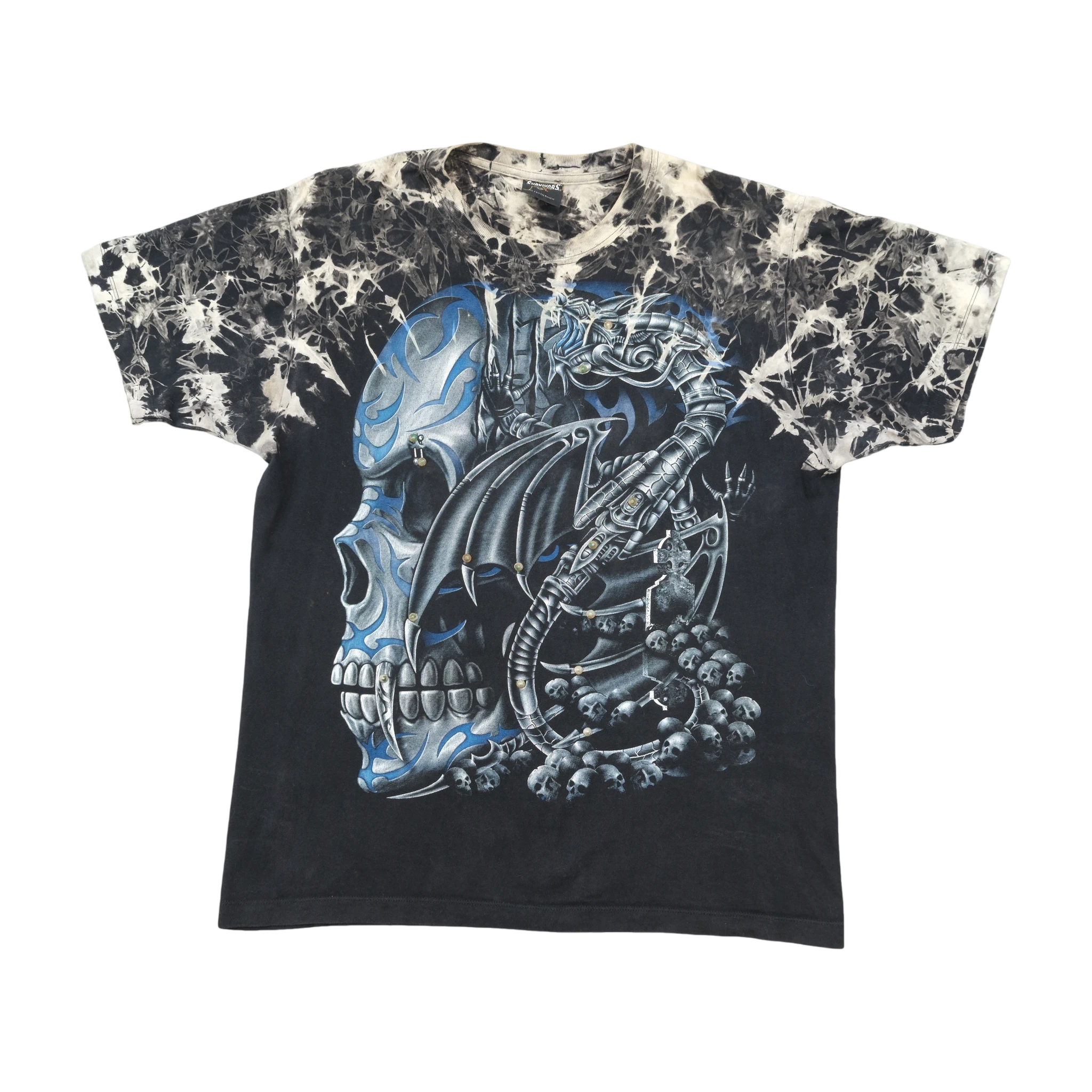 Camisa Southpole em algodão Tie-Dye Descolorada com estampado Gótico de Dragão e Caveira