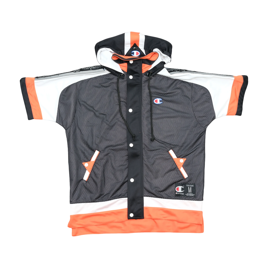 Champion Snap-Front Hooded Short Sleeve Windbreaker Jacket - Black/White/Orange
