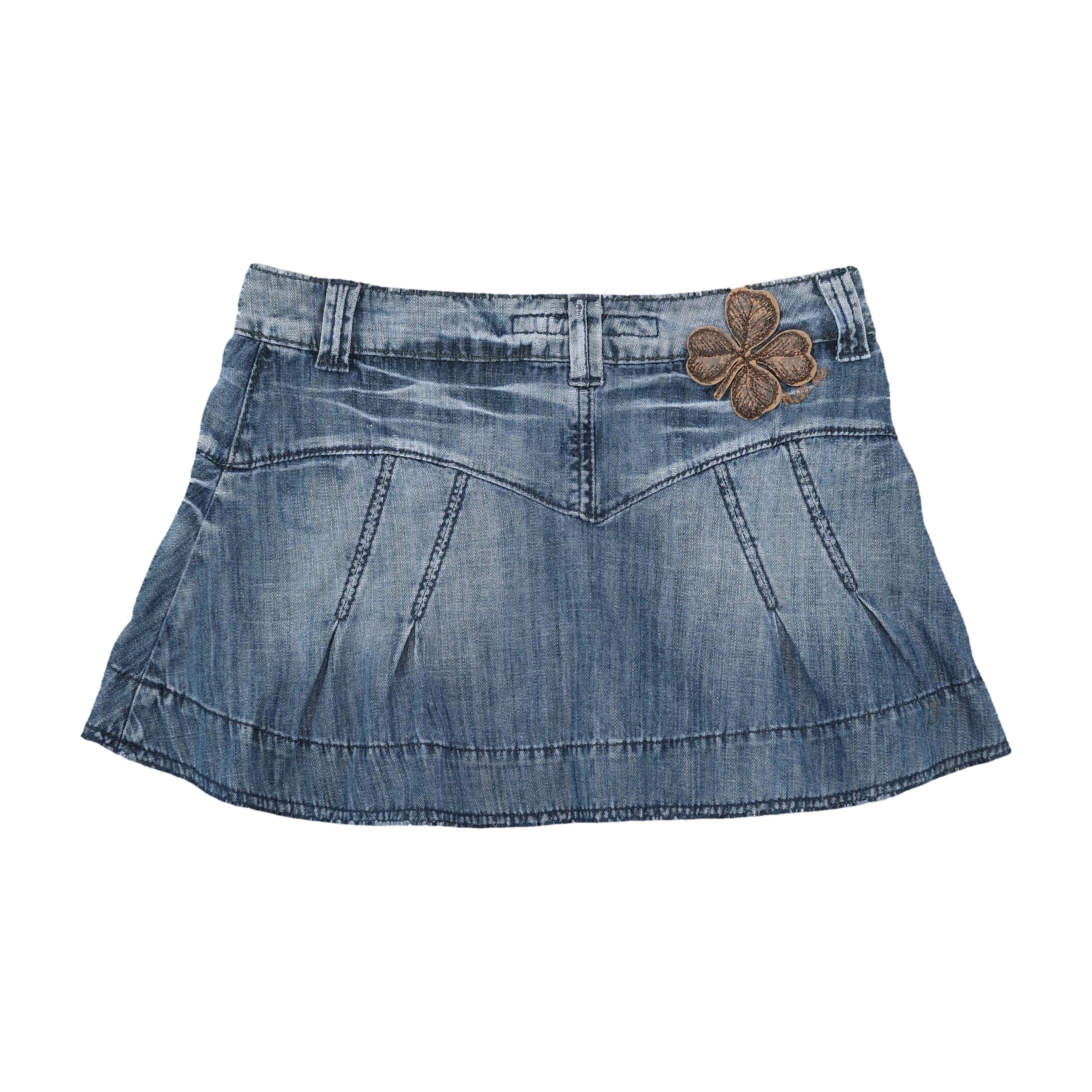Miss Sixty Denim Mini Skirt with Flap Pockets and Clover Appliqué
