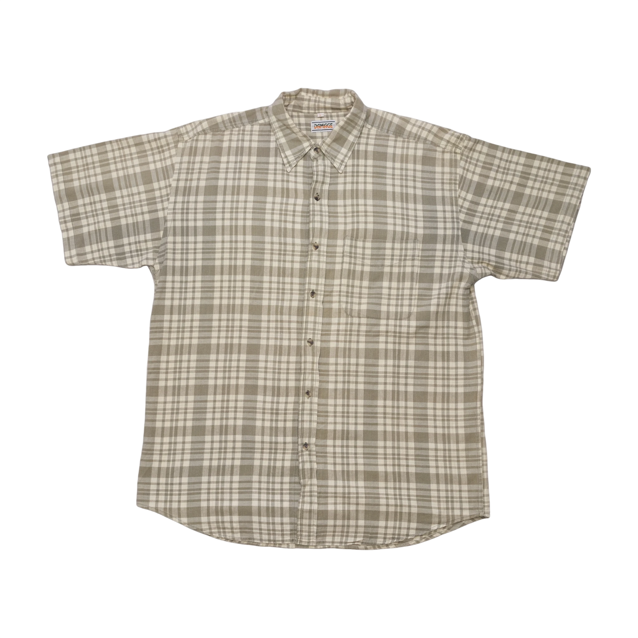 Damage Beige Plaid Short Sleeve Button-Up Shirt