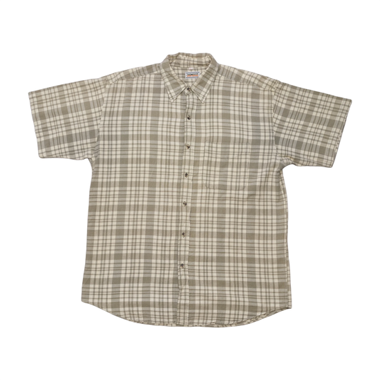Damage Beige Plaid Short Sleeve Button-Up Shirt