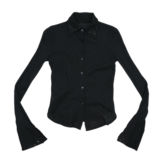 Black Sheer Wool Button-Up Shirt with Lace Trim Cuffs
