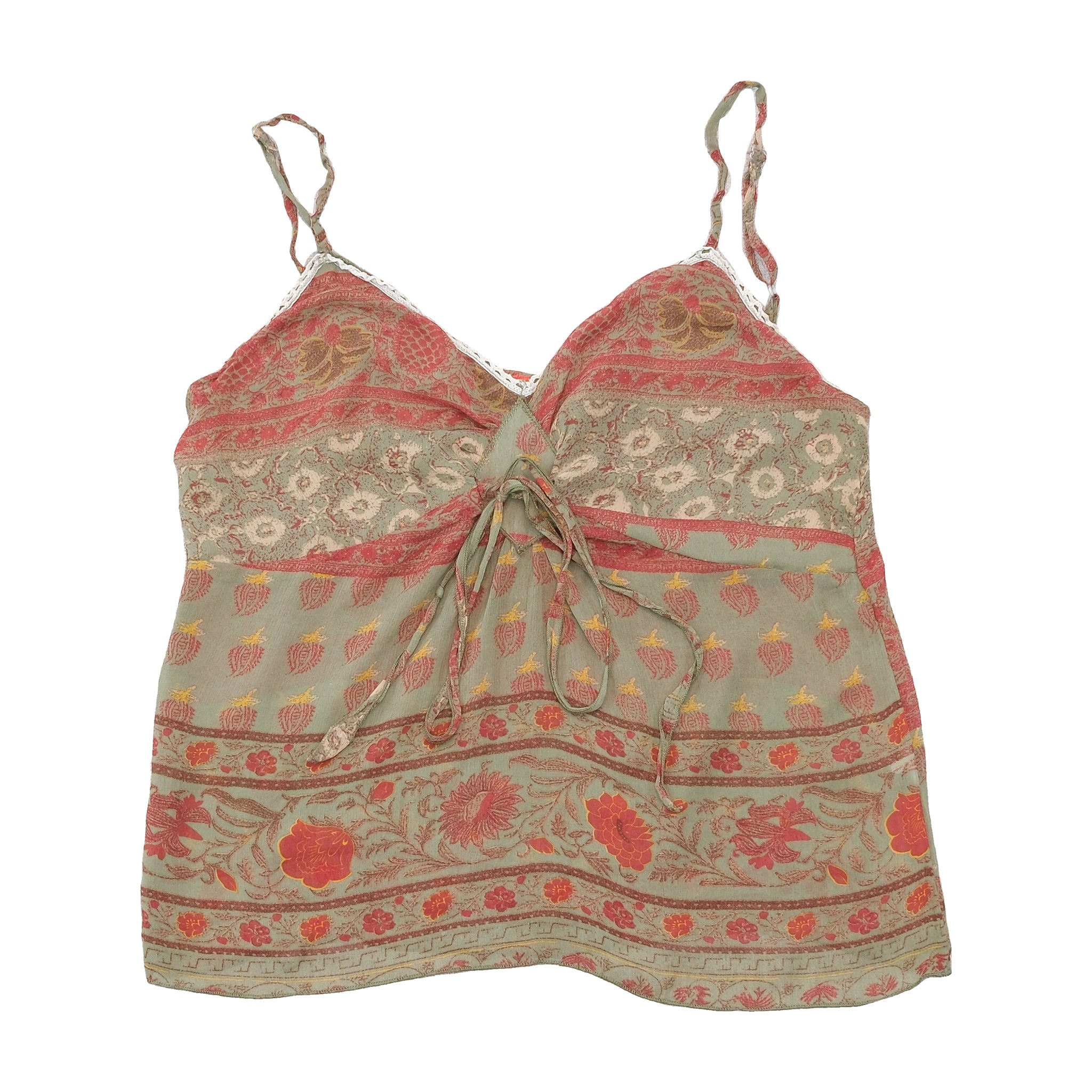 Miss Wan Floral Border Print Lace Trim Tie Front Tank Top (repriced)
