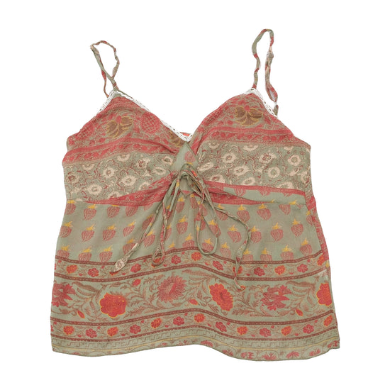 Miss Wan Floral Border Print Lace Trim Tie Front Tank Top