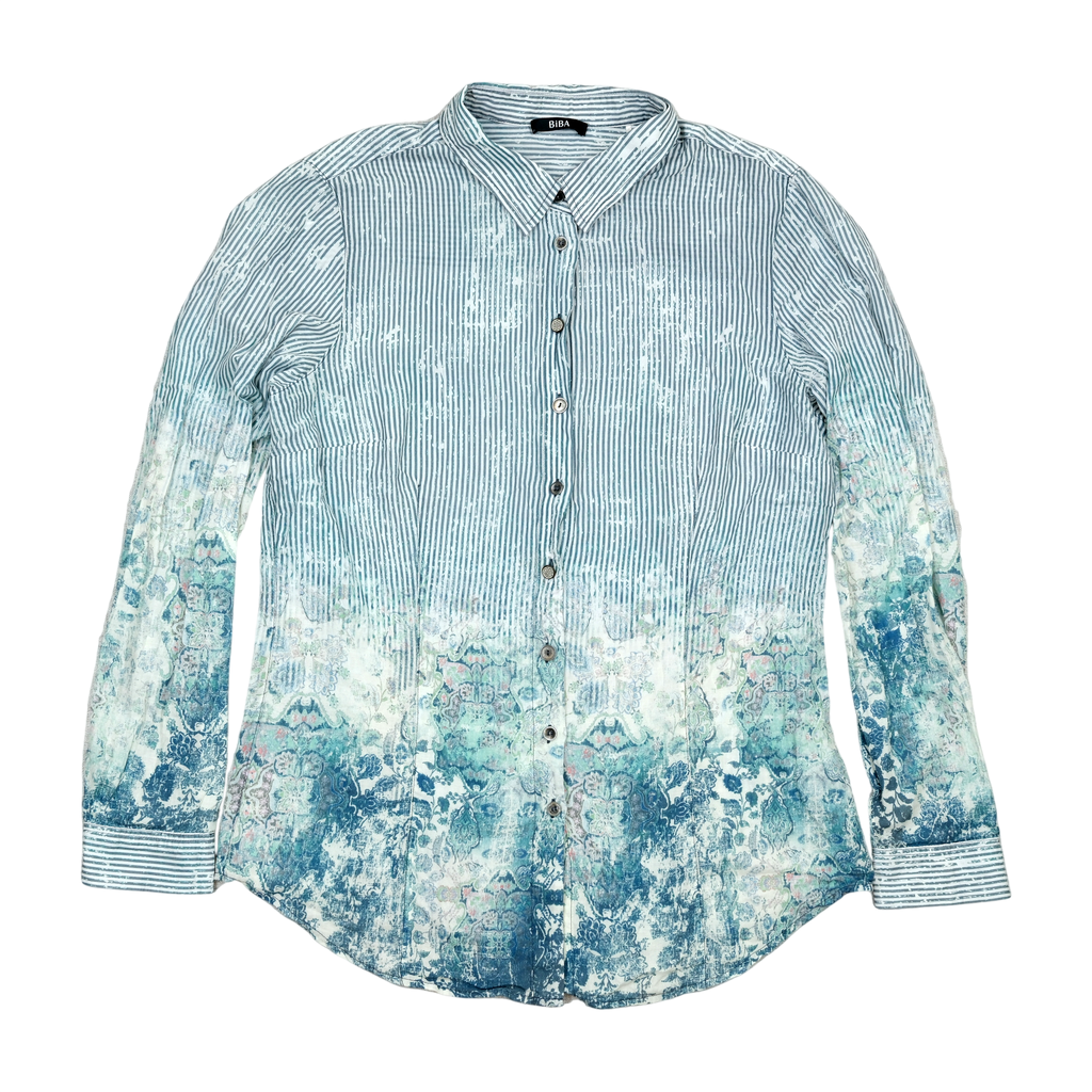 BIBA Blue Striped & Floral Print Button-Up Shirt