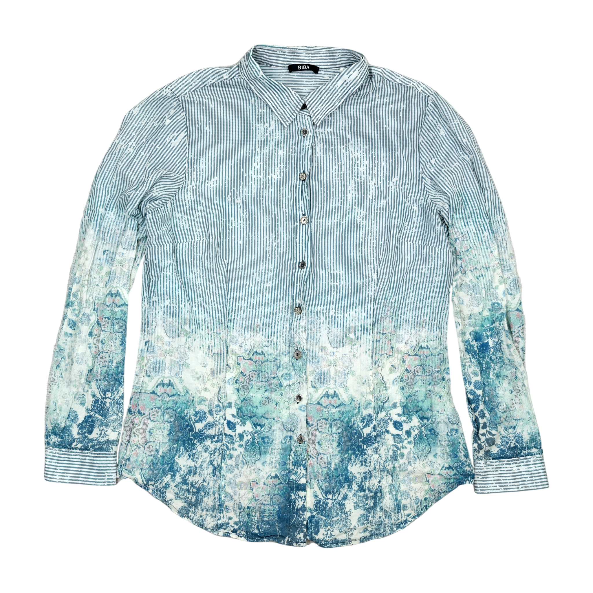 BIBA Blue Striped & Floral Print Button-Up Shirt