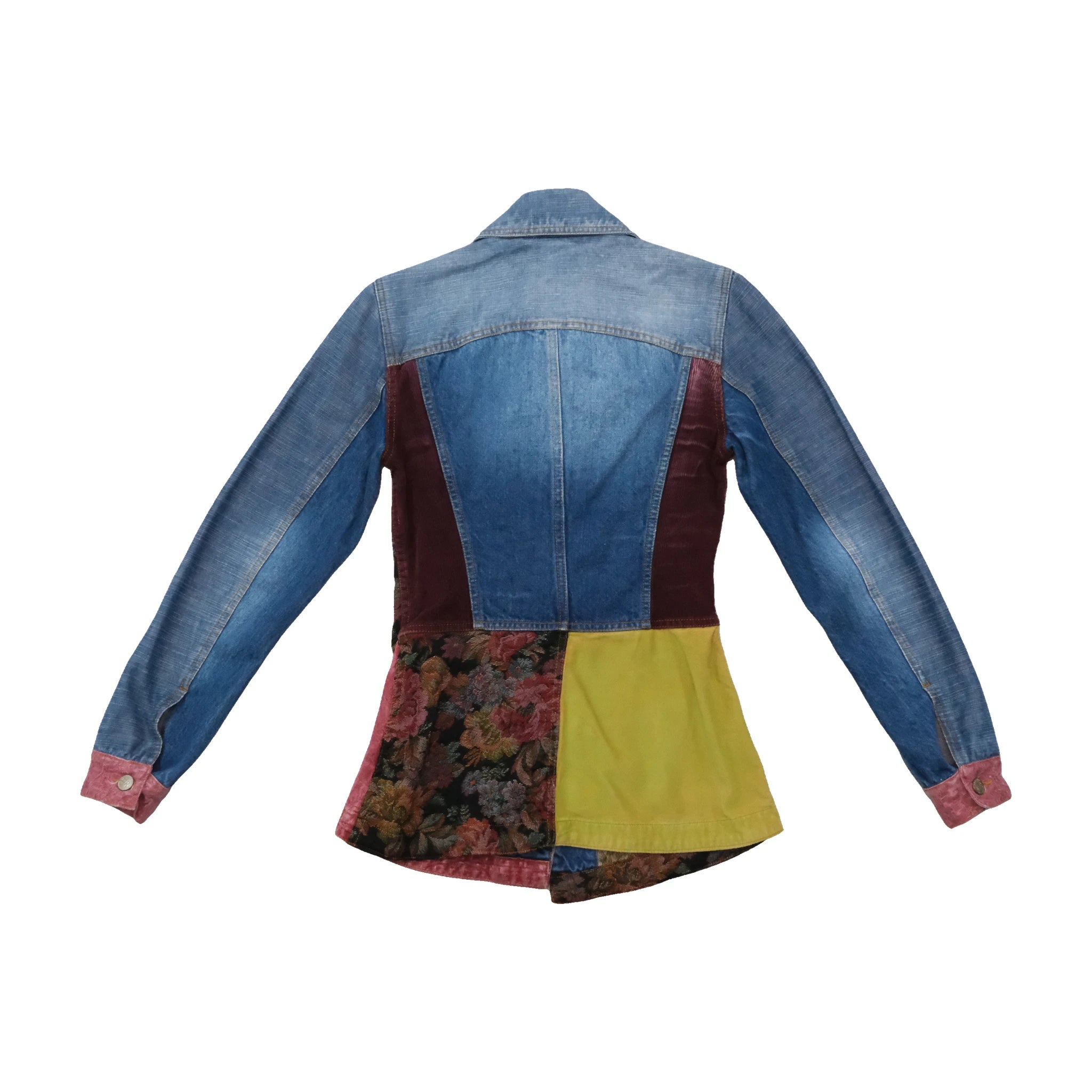 Indian Rose Vintage Patchwork Denim Jacket with Floral Tapestry Panels (Repriced)