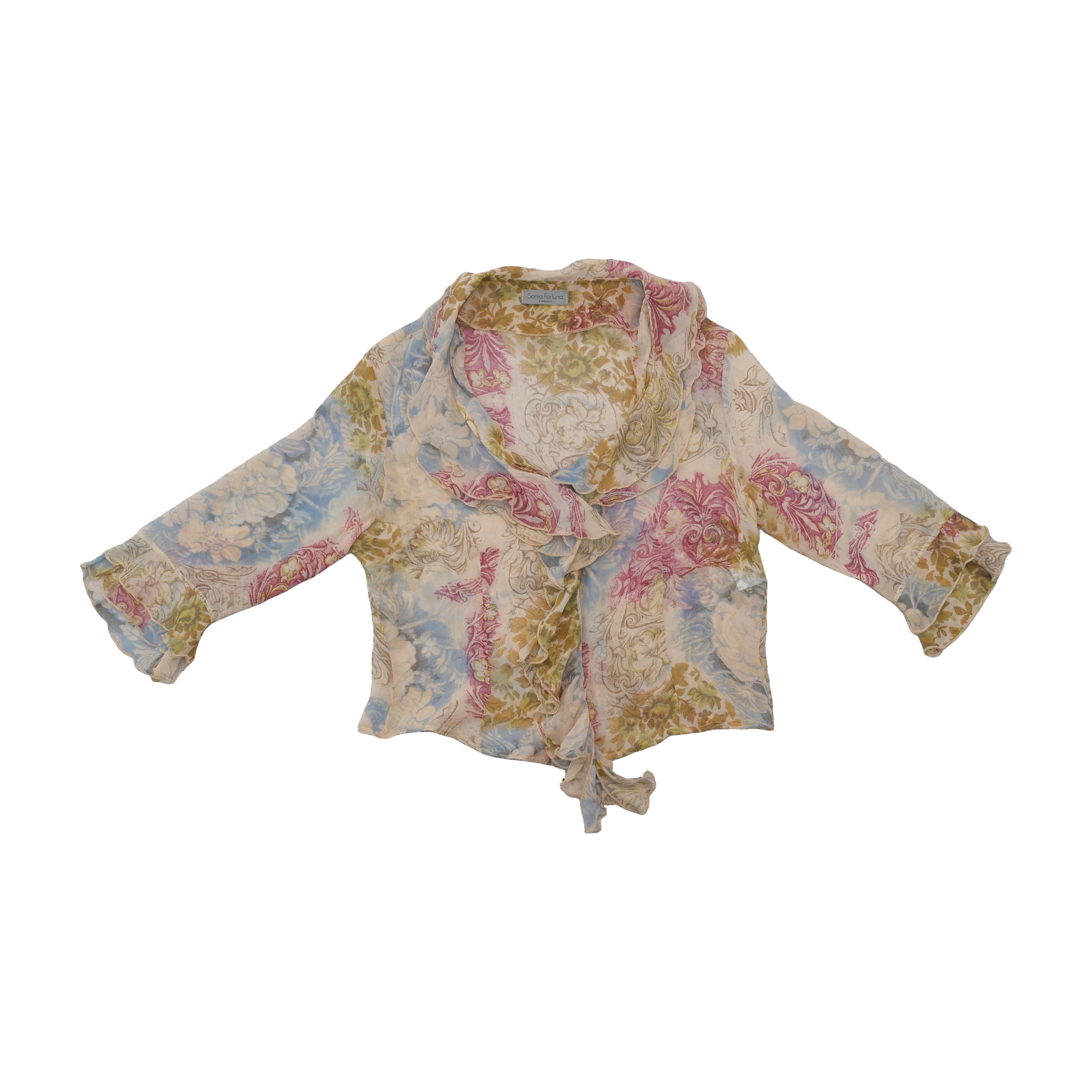 Blusa Transparente Sonia Fortuna floral com Folhos à Frente