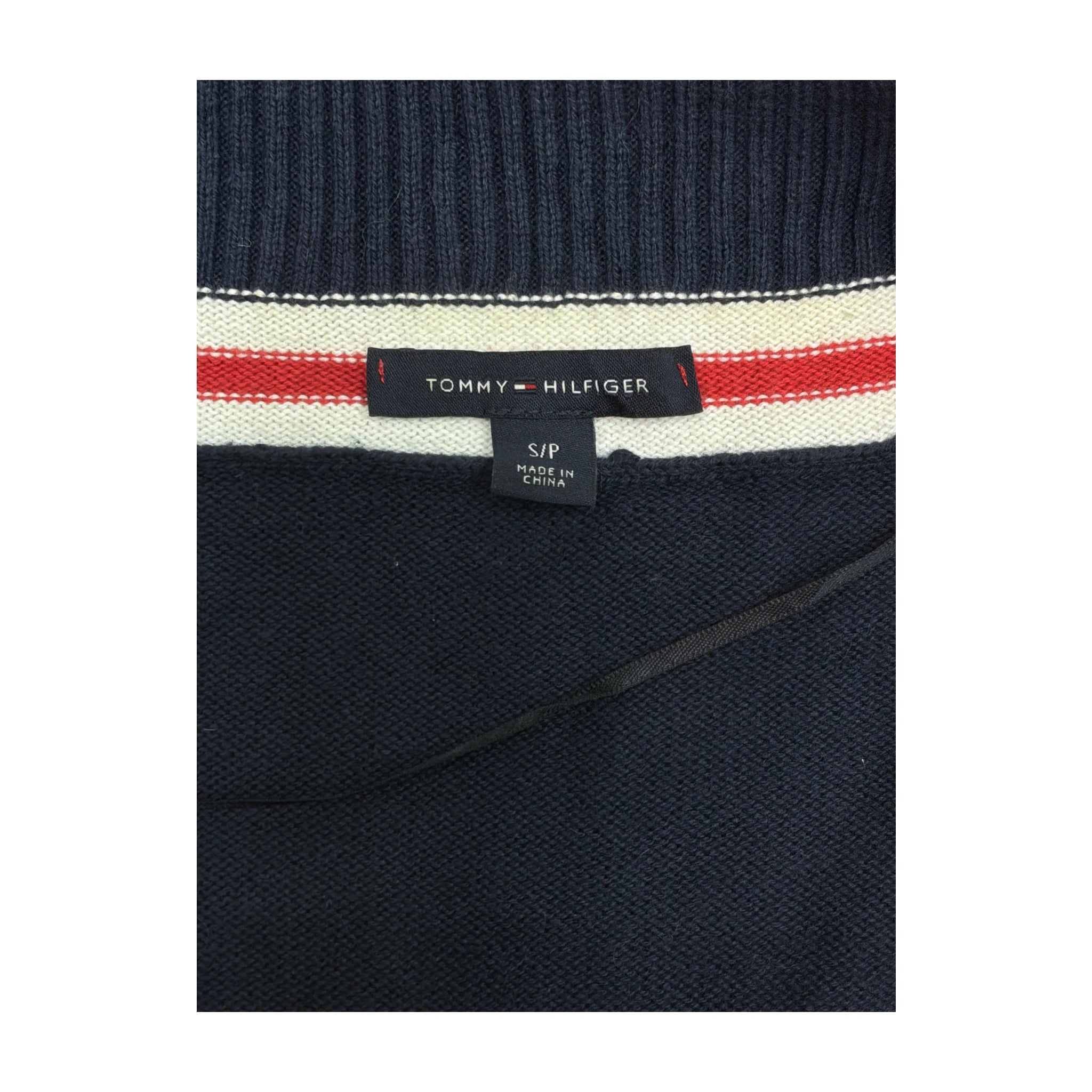Casaco de malha Tommy Hilfiger Azul-marinho com decote em V e Acabamento às riscas vermelhas/Brancas