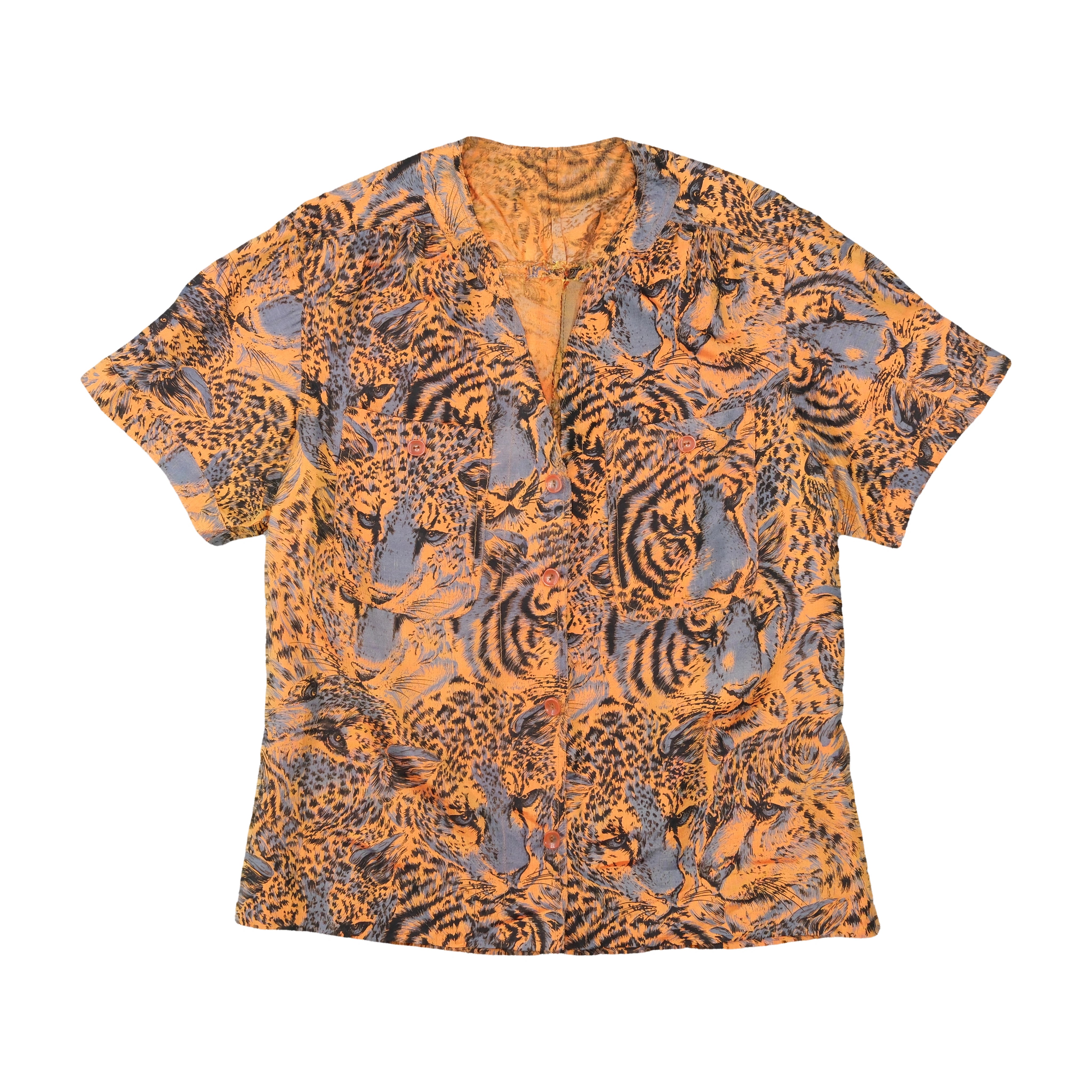 Vintage Orange & Blue Animal Print Short Sleeve Button Up Shirt