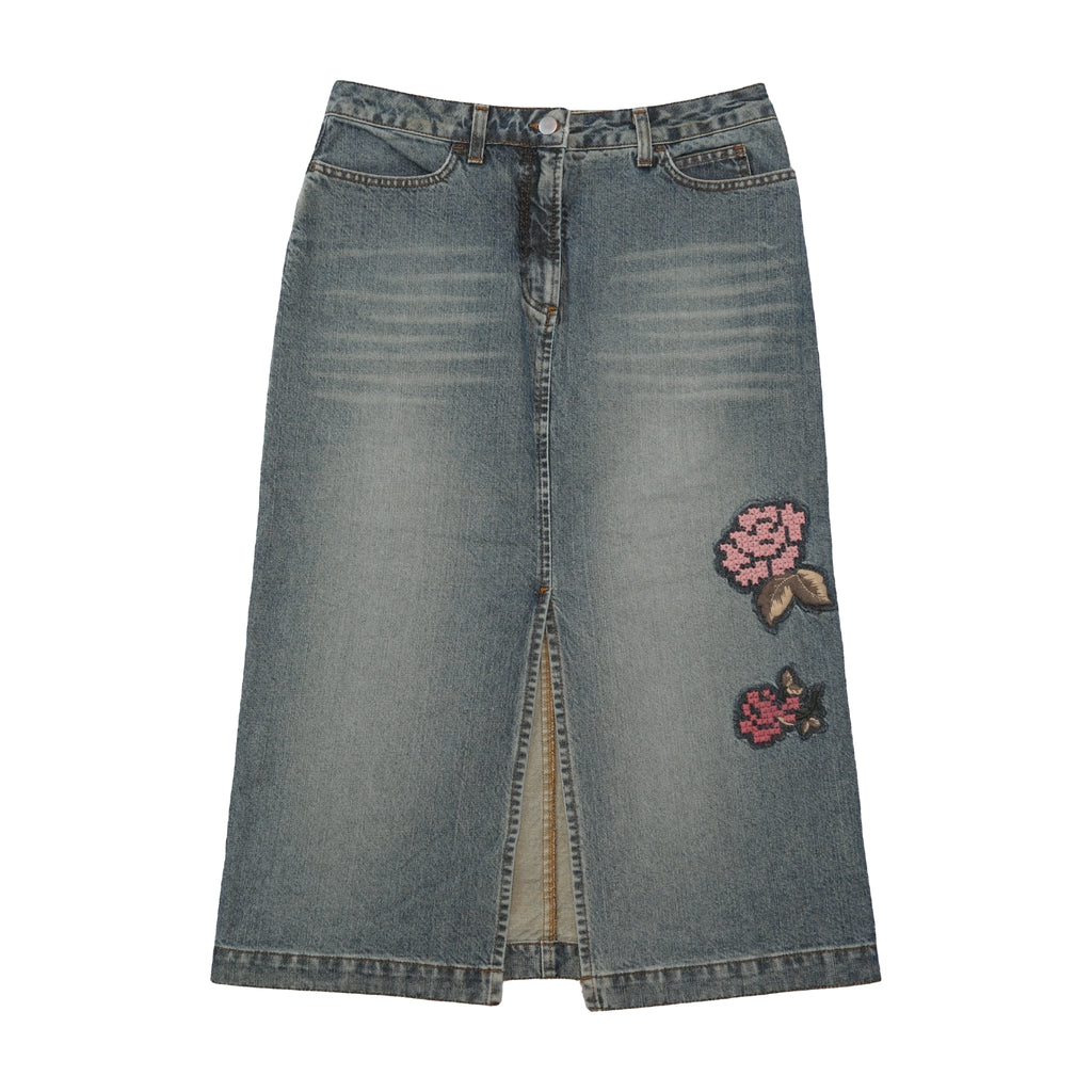 Saia Midi MAX&Co. em ganga com Bordado floral