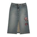 Saia Midi MAX&Co. em ganga com Bordado floral