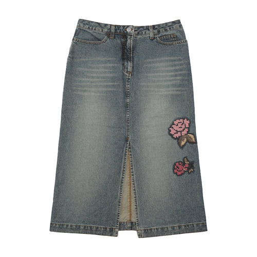MAX&Co. Floral Embroidered Denim Midi Skirt