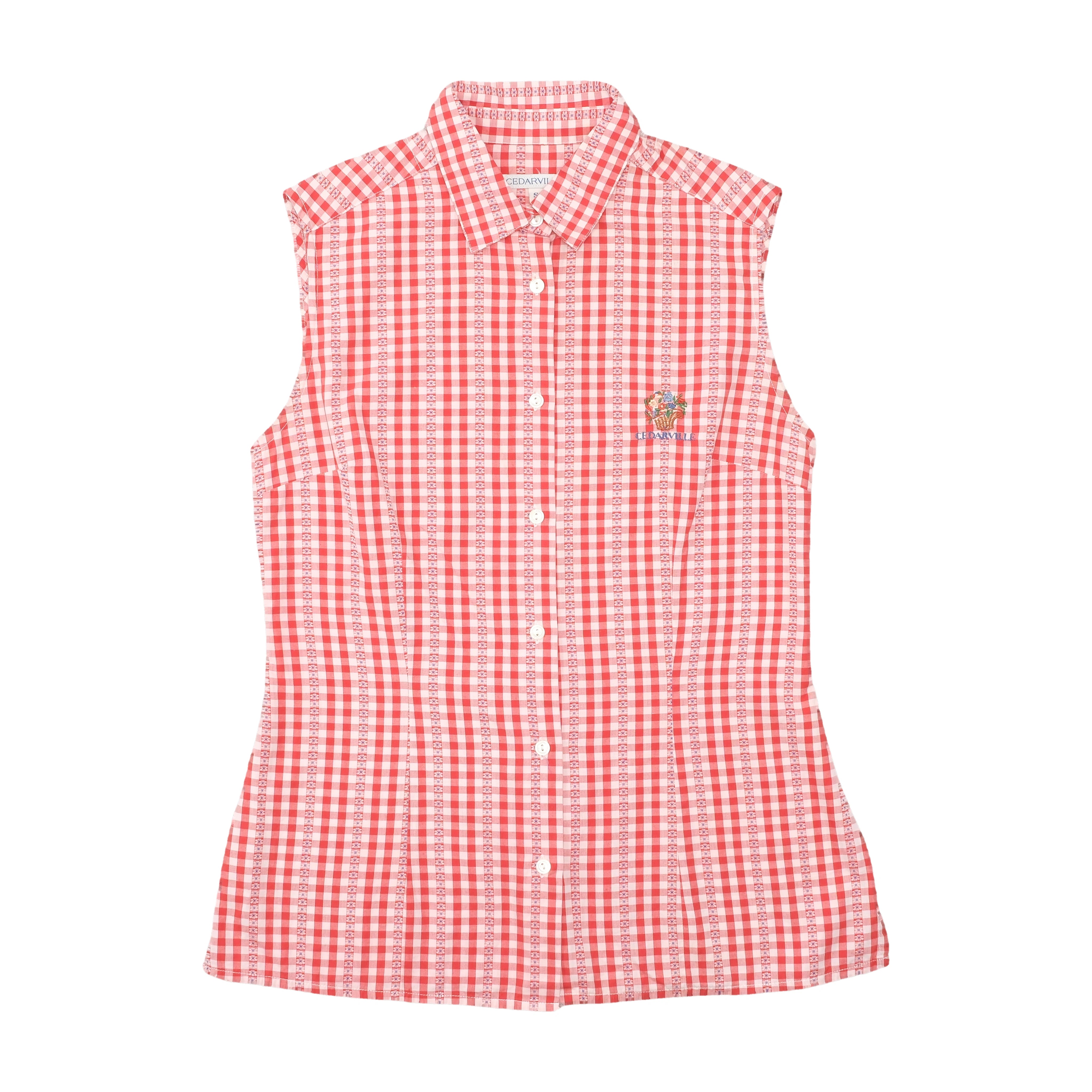 Cedarville Red Gingham Stripe Sleeveless Button-Up Shirt