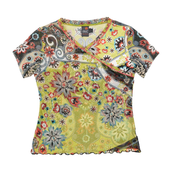 ANAC Y2K Floral Mesh Surplice Blouse