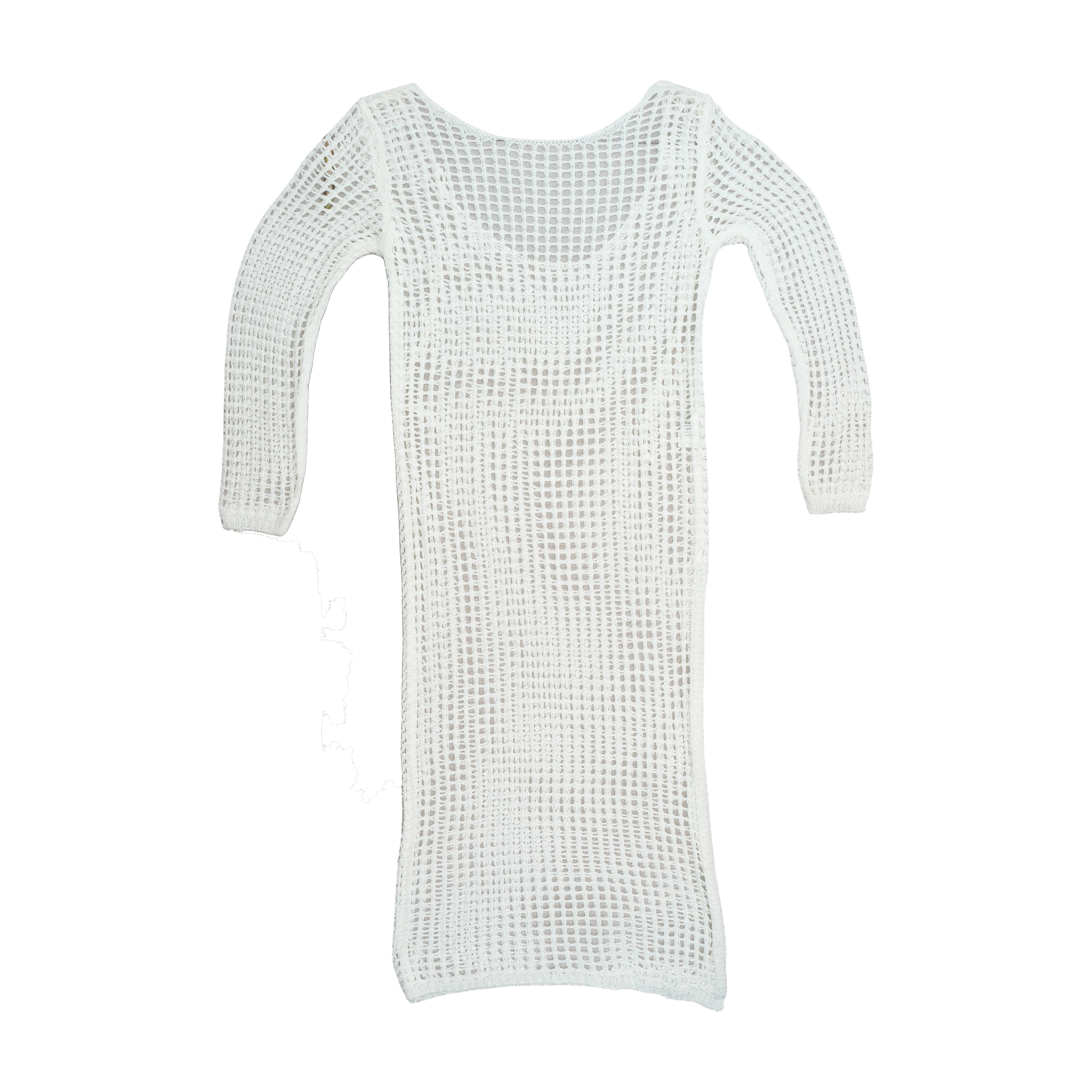 Vintage Open-Knit Grid Pattern Long-Sleeve Midi Dress